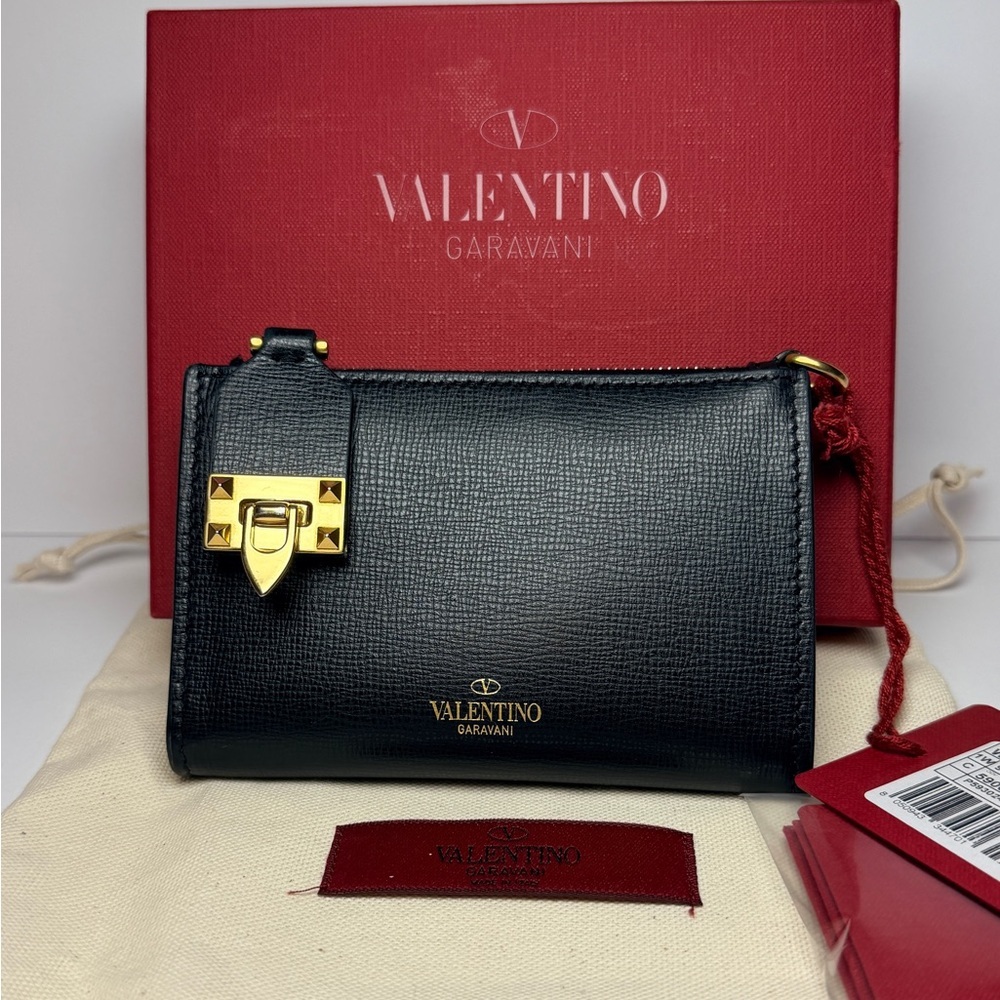 Valentino Garavani Rockstud Zipper Coin Purse Cardholder Grainy Calfskin Leather
